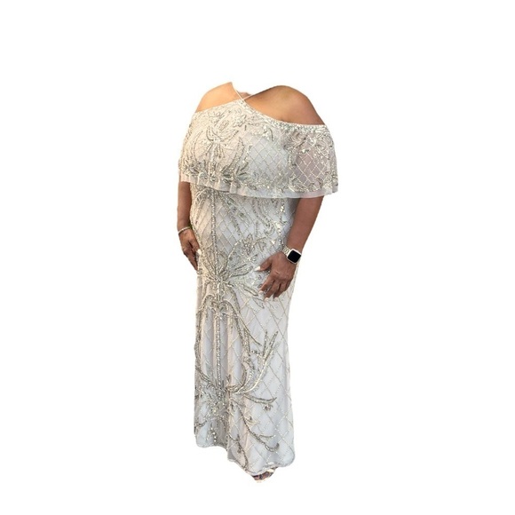 Grey/Silver Color Aidan Mattox Off-The-Shoulder Beaded Halter Gown in Size 16 - Picture 1 of 16